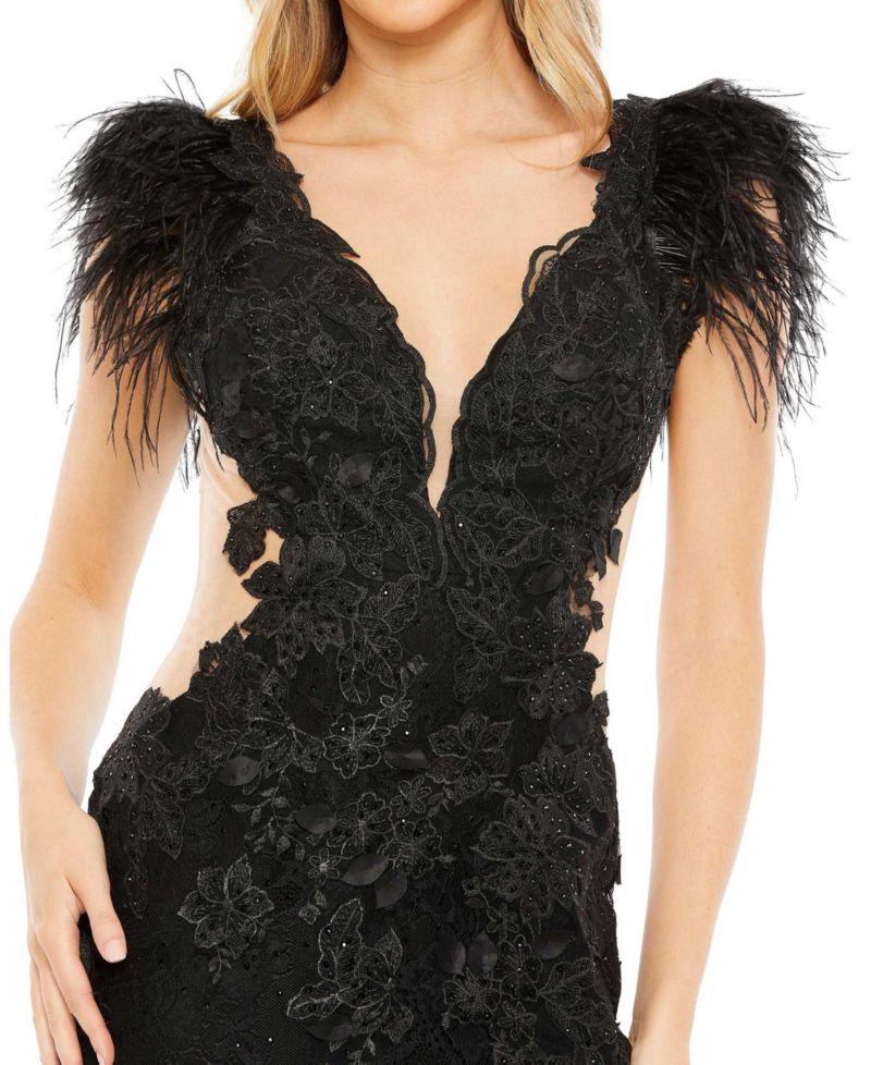 Women's Feather Cap Sleeve Lace Gown