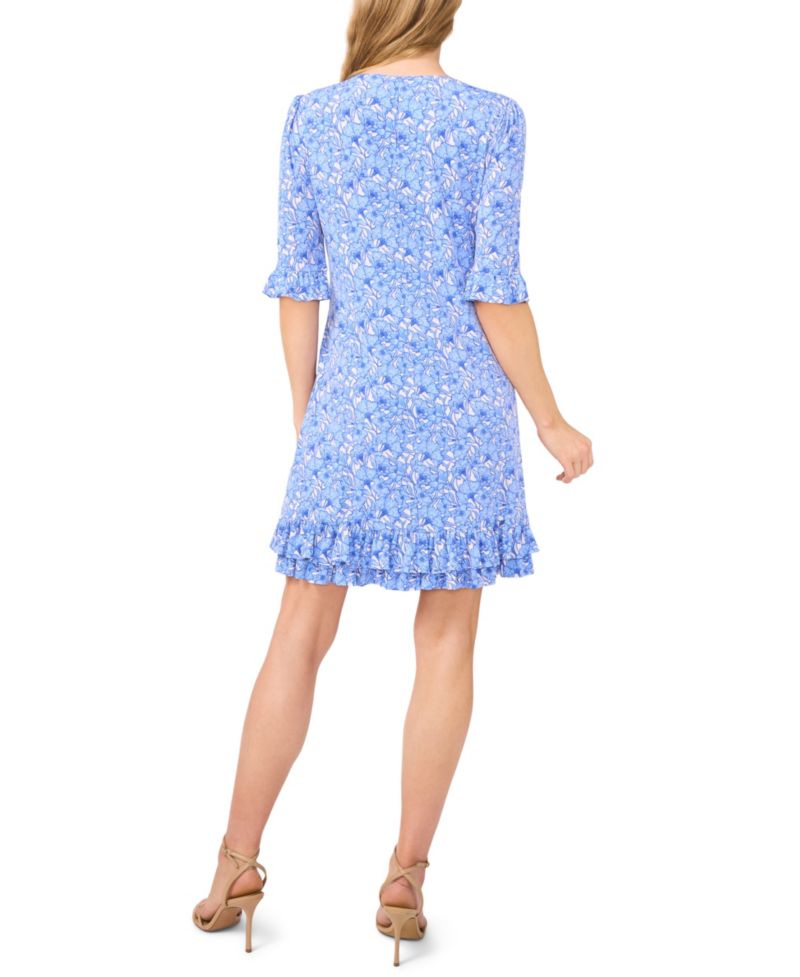 Women's V-Neck Ruffled Floral 3/4- Sleeve Shift Dress
