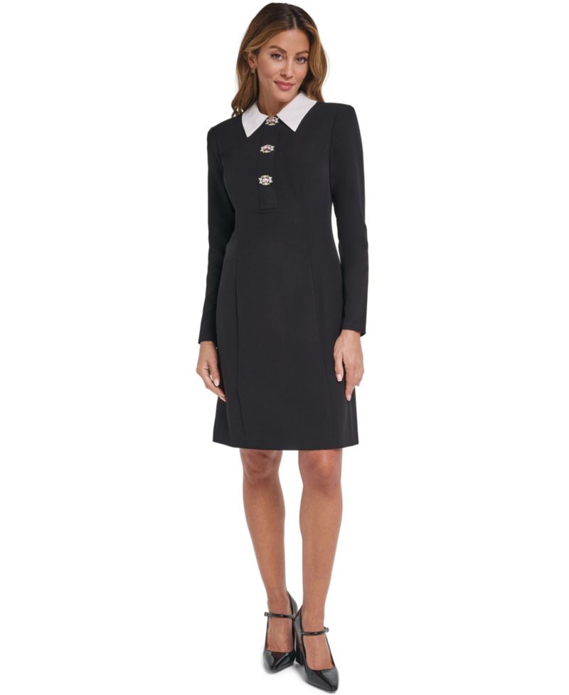 Petite Long-Sleeve Collared Embellished Shift Dress