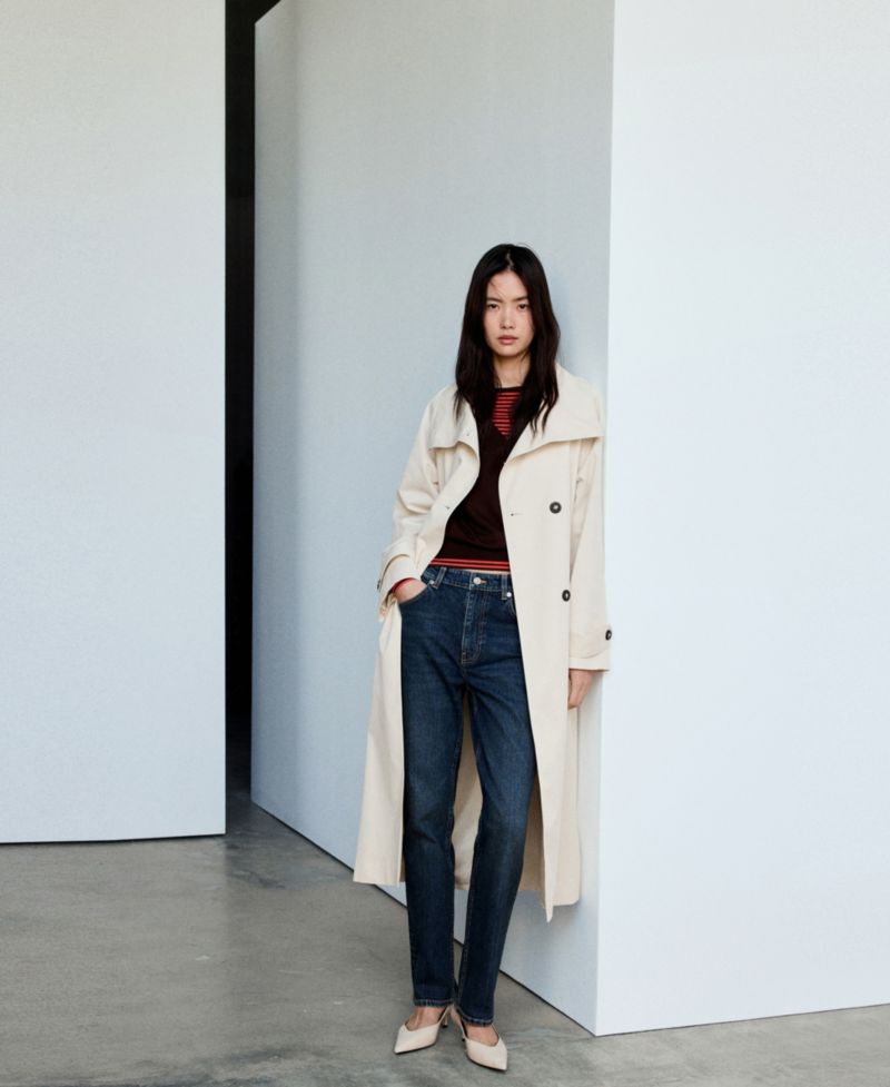 Women's Belted Funnel-Neck Long Trench Coat