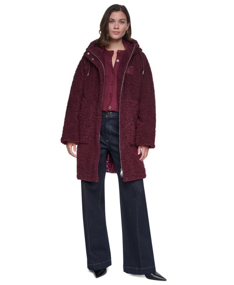 Women's Faux-Sherpa Mix Media Hooded Jacket With Cire Diamond-Quilted Back