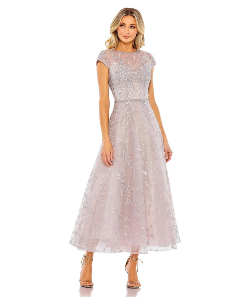 Women's Embellished High Neck Cap Sleeve A Line Dress
