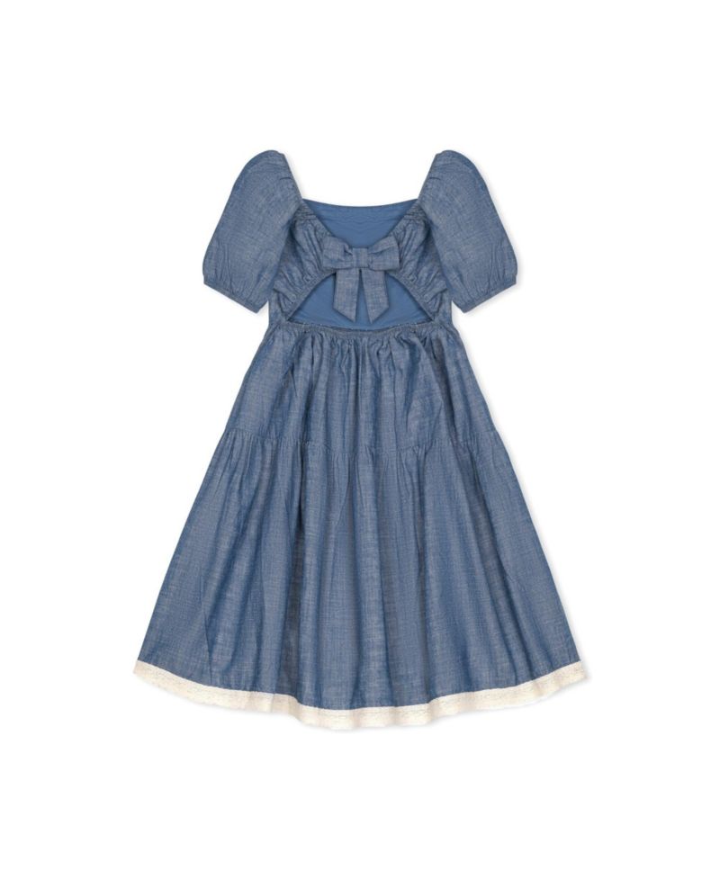 Toddler Girls Hope and Henry Short Bubble Sleeve Crochet Trim Chambray Dress