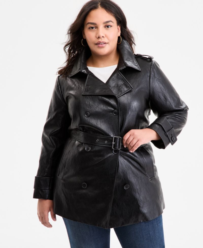 Plus Size Double-Breasted Faux-Leather Belted Trench Coat