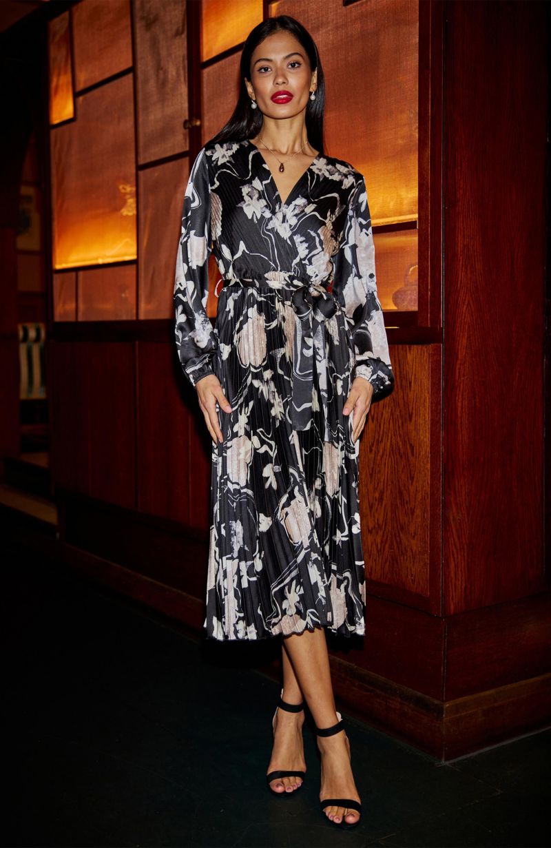 Women's Floral Satin Long Sleeve Midi Dress