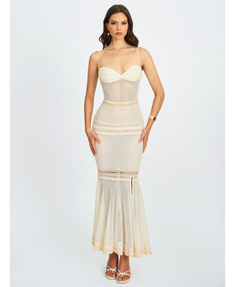 Women's Pallas Beige Lace Trim Crochet Mermaid Maxi Dress