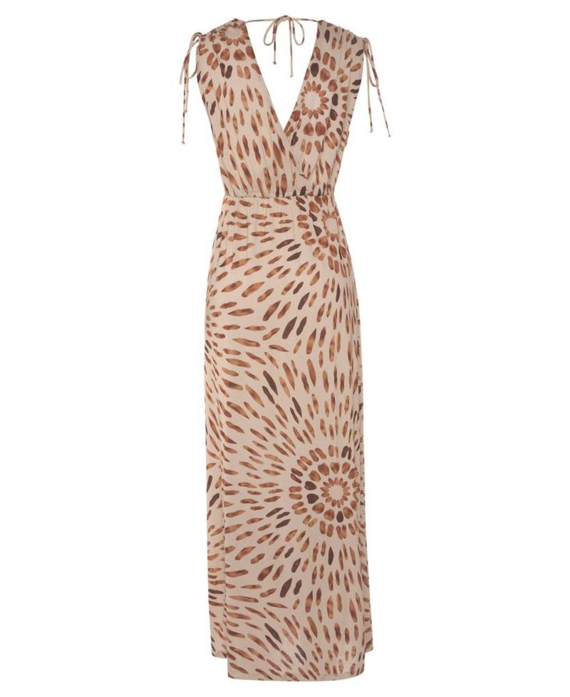 Women's Viscose Printed Tie Detail V-Neck Elastic-Waist Maxi Dress