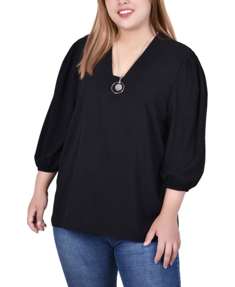 Plus Size 3/4 Puff Sleeve Top with Detachable Necklace