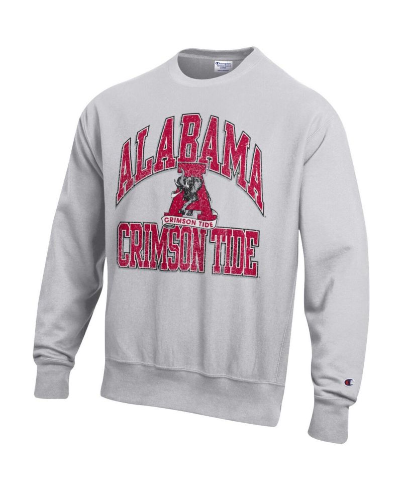 Men's Gray Alabama Crimson Tide Distressed Arch Over Logo Reverse Weave Crew Neck Sweatshirt