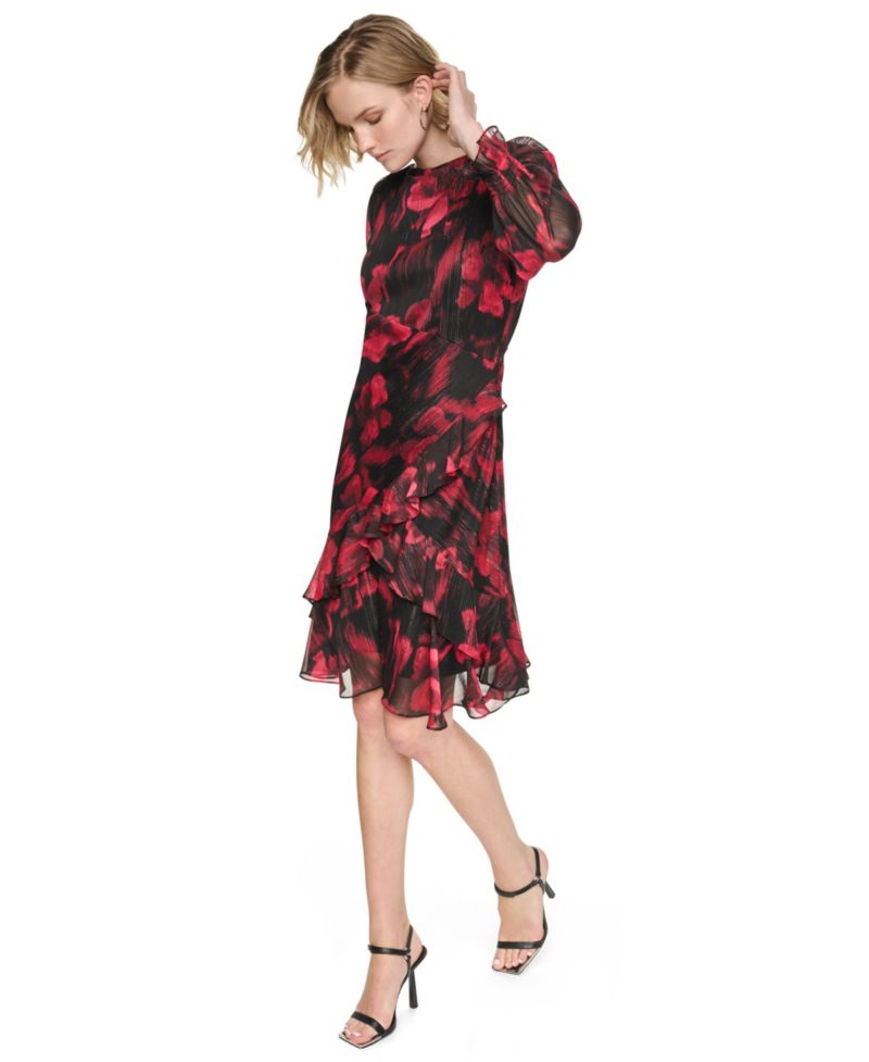 Petite Boat-Neck Long-Sleeve Floral-Print Dress