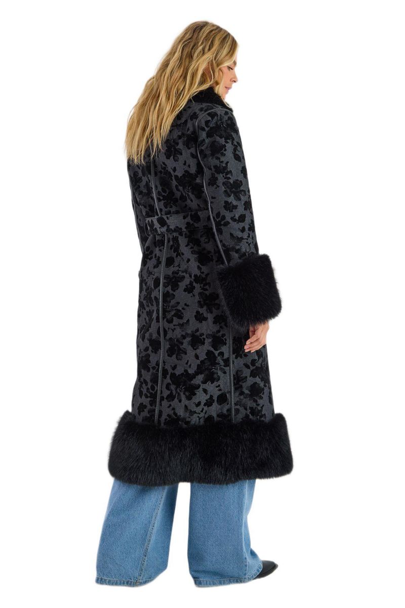 Women's Faux Fur Floral Jacquard Coat