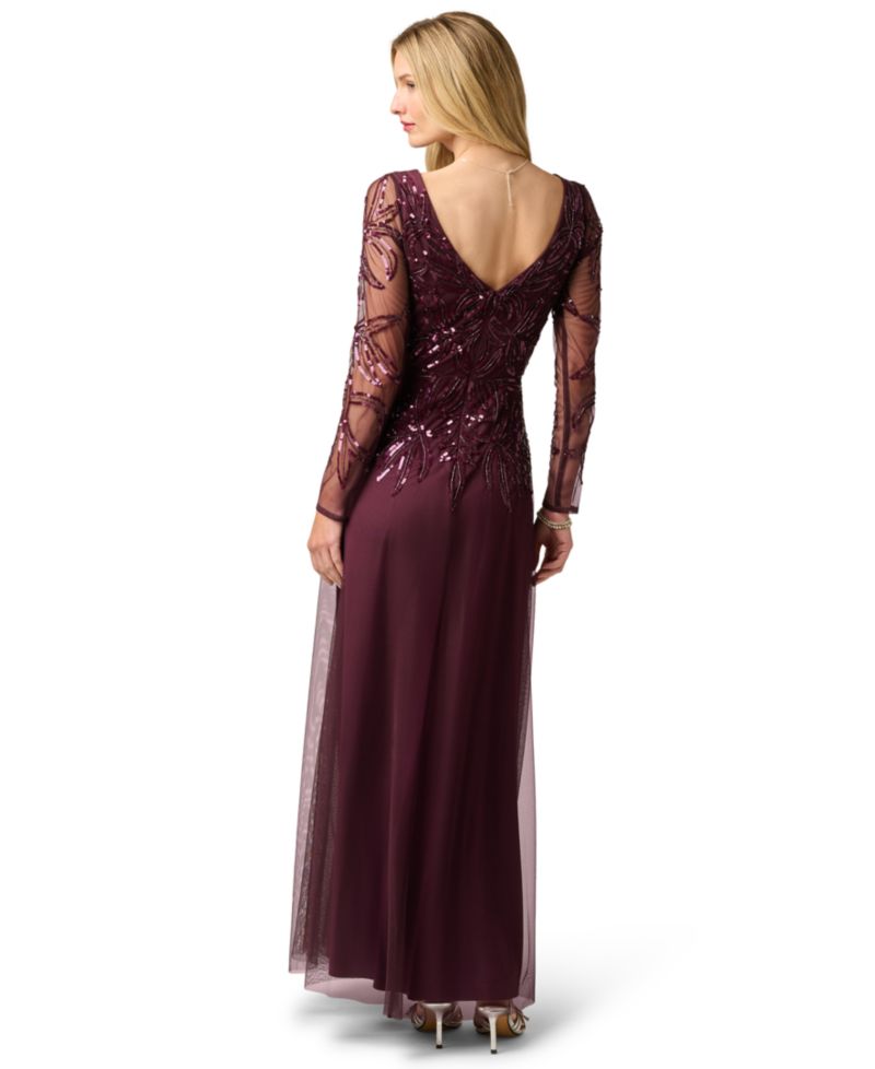Petite Long-Sleeve Sequined V-Neck Gown
