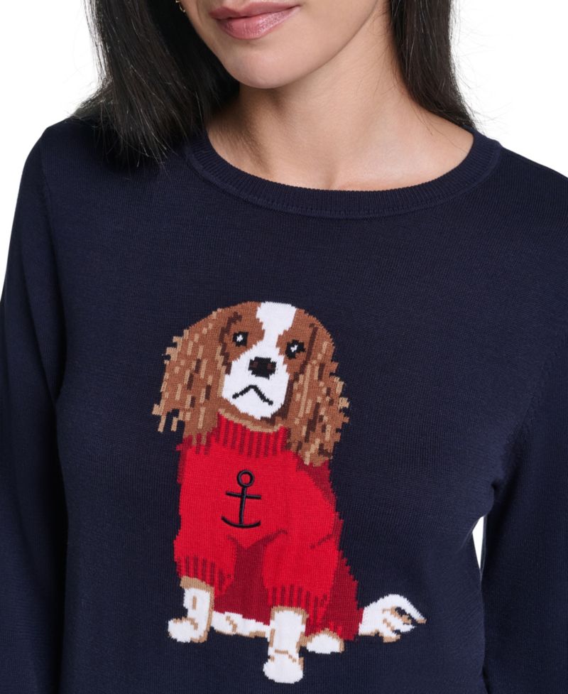 Women's Intarsia Dog Long-Sleeve Crewneck Sweater
