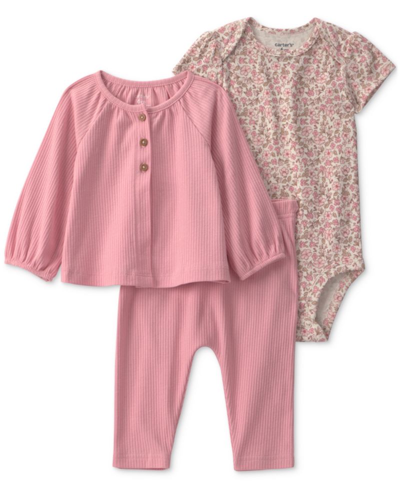 Baby Girls' Layering Bodysuit, Cardigan and Pants, 3-Piece Set