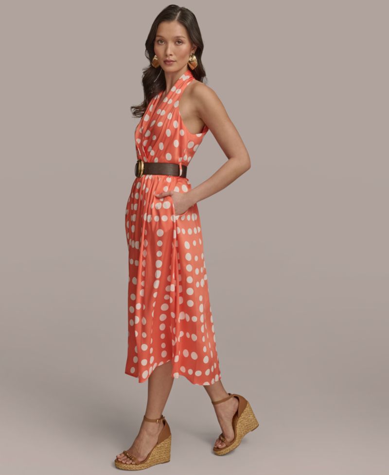 Women's Polka-dot Belted A-line Midi Dress