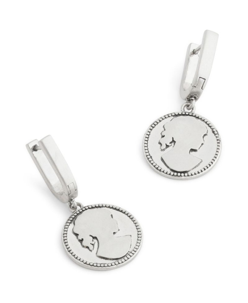 Silver Runway My Love Coin Charm Huggie Earrings