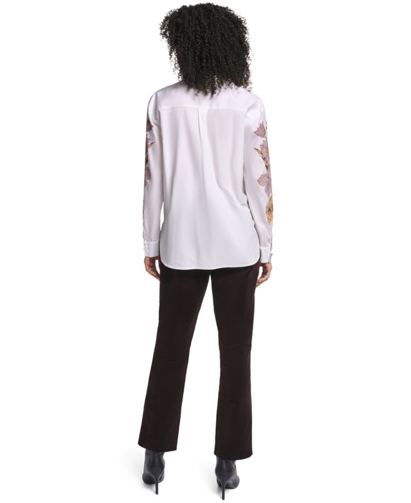 Women's Floral-Print Long-Sleeve Hotfix Rhinestone Blouse