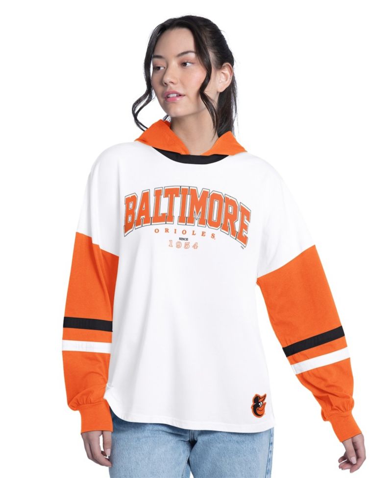 Women's White/Orange Baltimore Orioles Key Player Oversized Hooded Long Sleeve T-Shirt