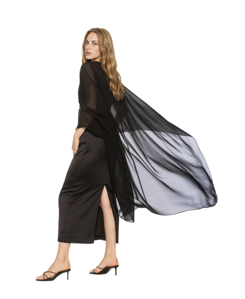 Women's Cape-Sleeve Chiffon Overlay Boat Neck Satin Gown