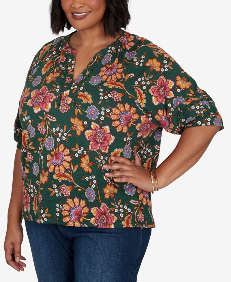 Plus Size Floral Vines Printed Cotton Knit Top