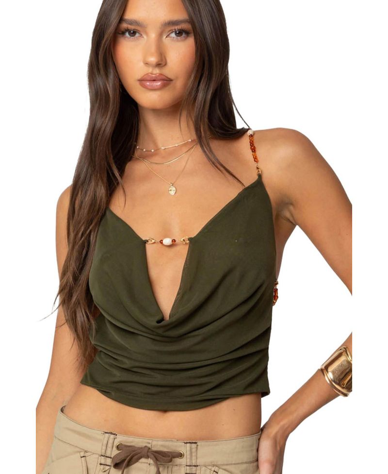 Women's Beaded Deep Cowl Neck Backless Top