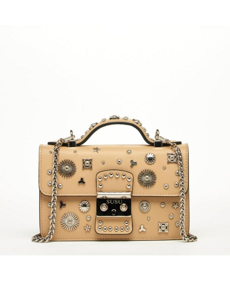 Women s Beige Studded Crossbody Bag Designer Leather Shoulder Purse with Top Handle, Structured Handbag with Silver Embellishments