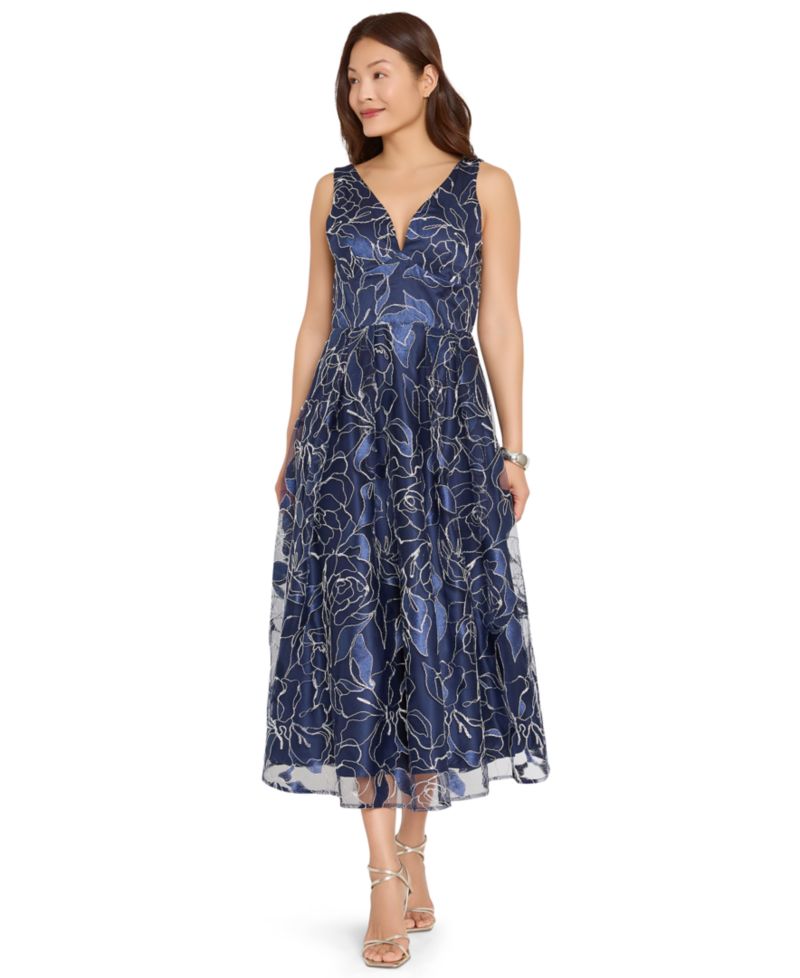 Women's Floral Metallic Soutache A-Line Midi Dress