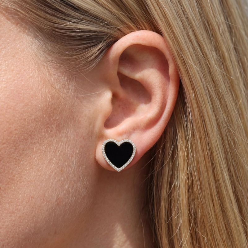 Large Onyx CZ Halo Heart Stud Earrings 14K Gold-Plated Sterling Silver