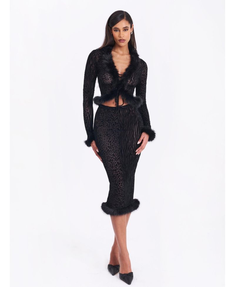 Women's Halia Black Animal Print Burnout Velvet Faux Fur Trim Skirt