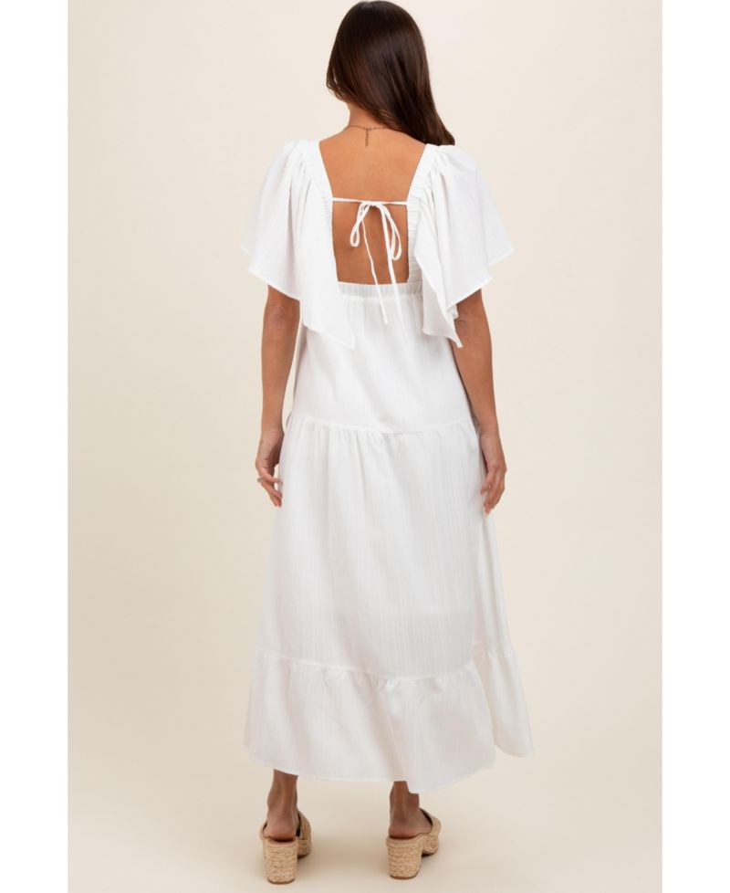 Women's Ivory Deep V-Neck Flutter Sleeve Tiered Midi Dress