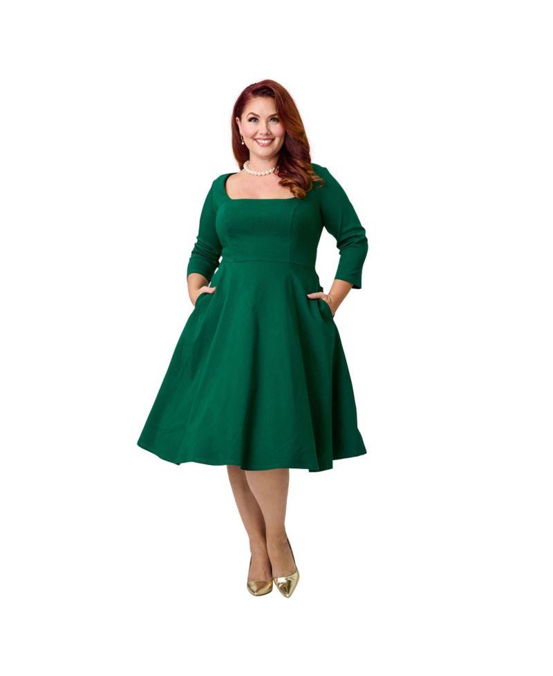 Plus Size Square Neck Pleated Swing Dress