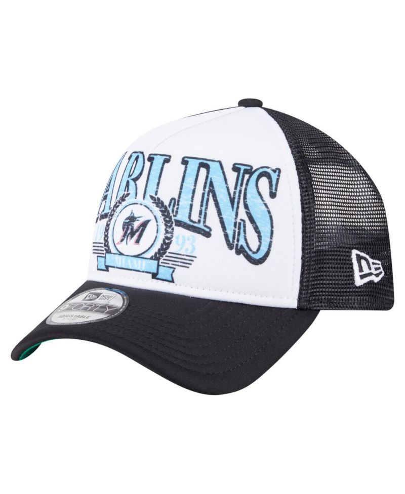 Men's Black Miami Marlins Distressed 9FORTY A-Frame Adjustable Trucker Hat