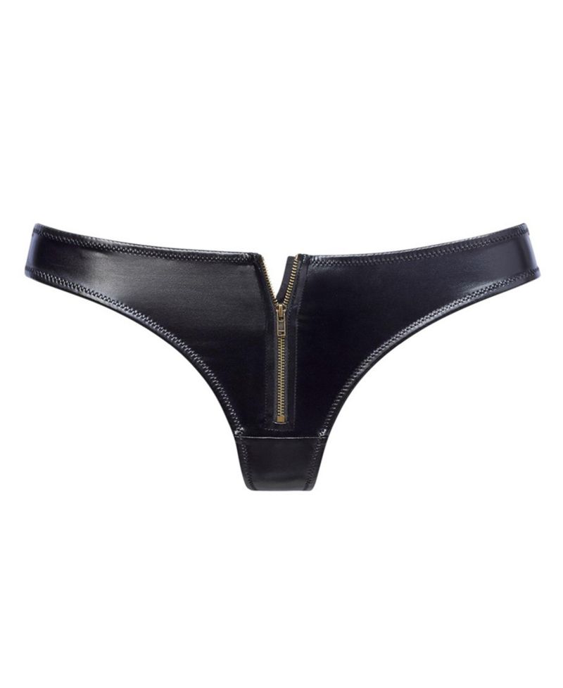 Women's Faux Leather Zip Minimal-Coverage Thong Underwear