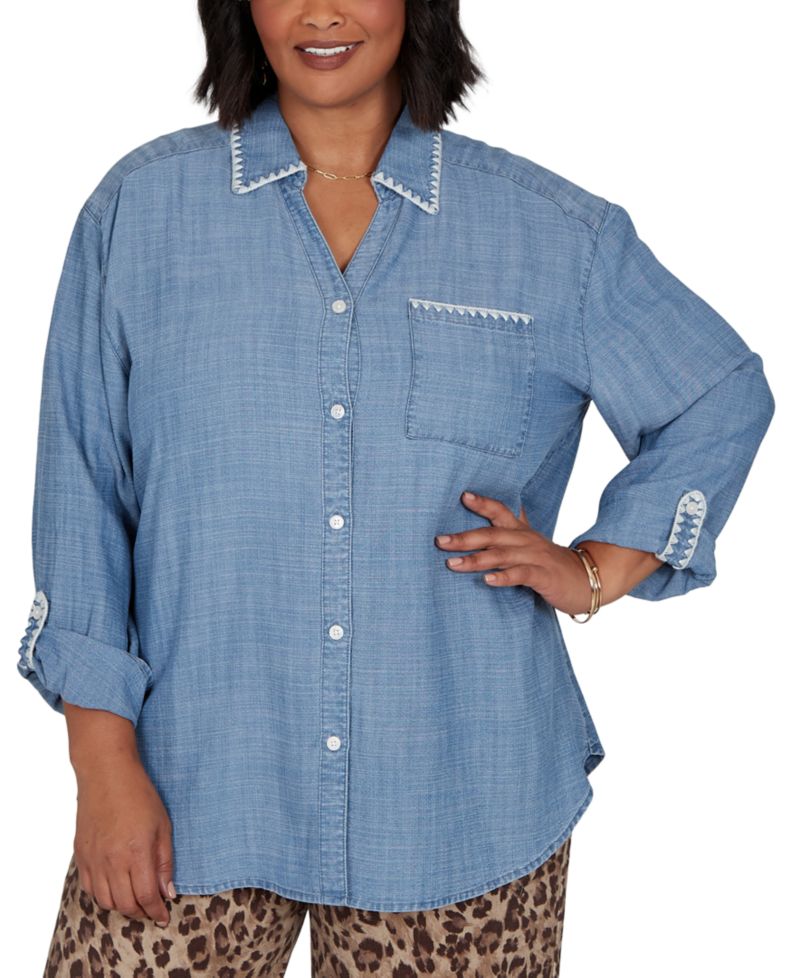 Plus Size Crochet Trim Soft Button-Front Top