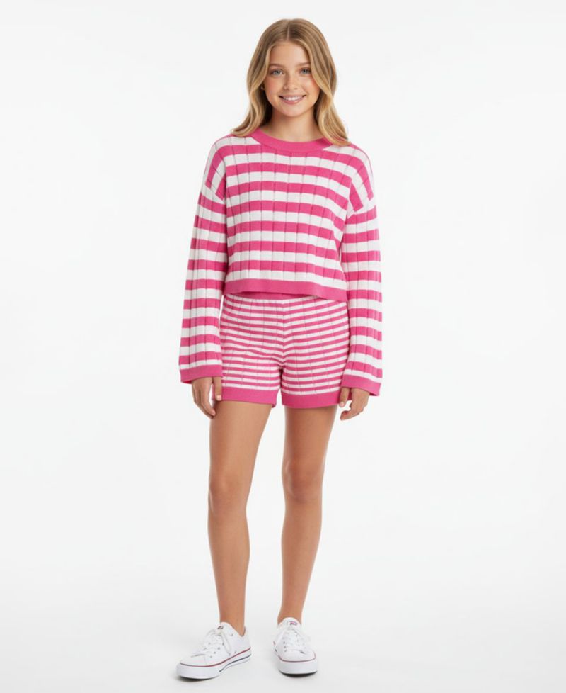 Girls' 7-16 Mixed Stripe Sweater and Shorts, 2-Piece Set