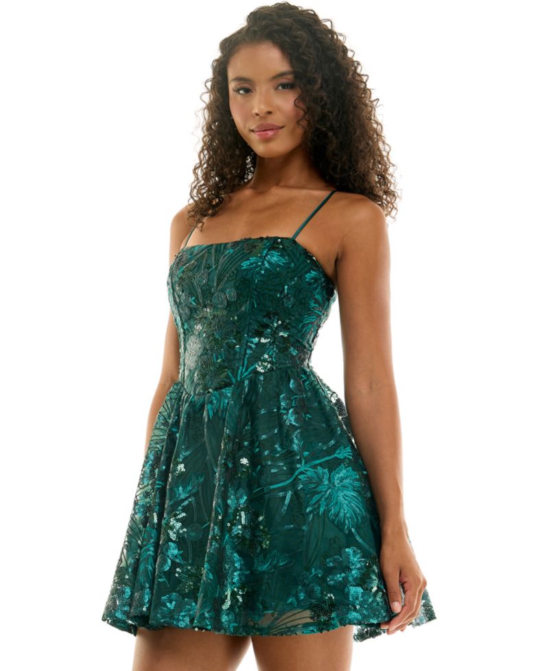 Juniors' Straight Neck Embroidered Sequin Fit & Flare Mini Dress