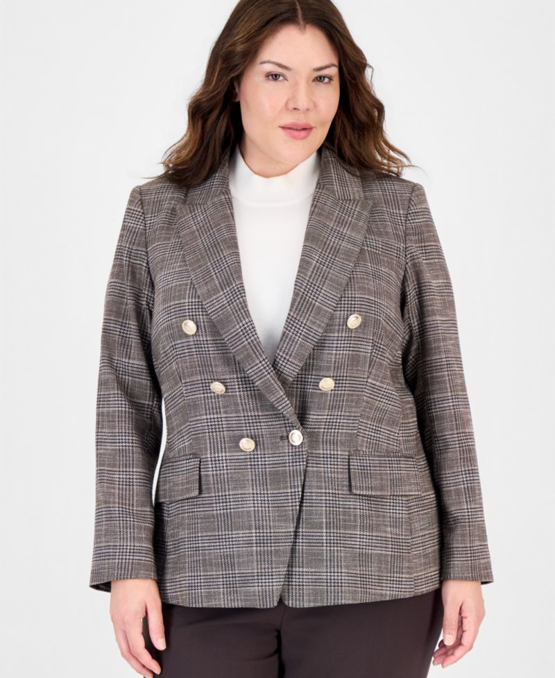 Plus Size Plaid Double-Breasted Blazer