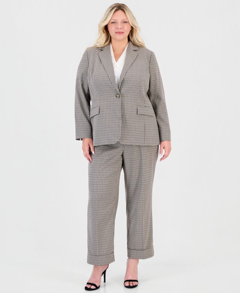 Plus Size Houndstooth One-Button Blazer