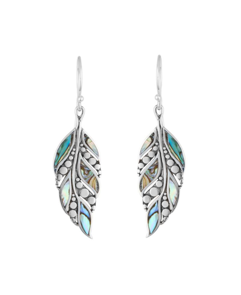 Sterling Silver Abalone Oxidized Dotted Feather Drop Earrings