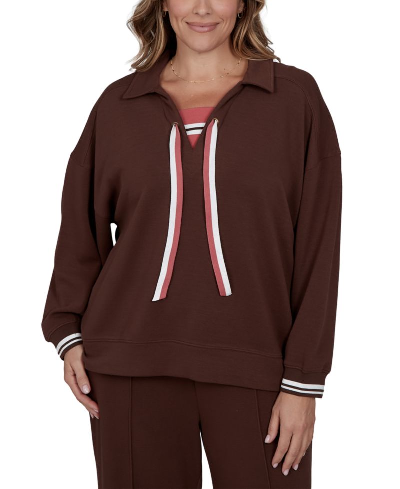 Plus Size Stripe Trim Drawstring Pullover Top