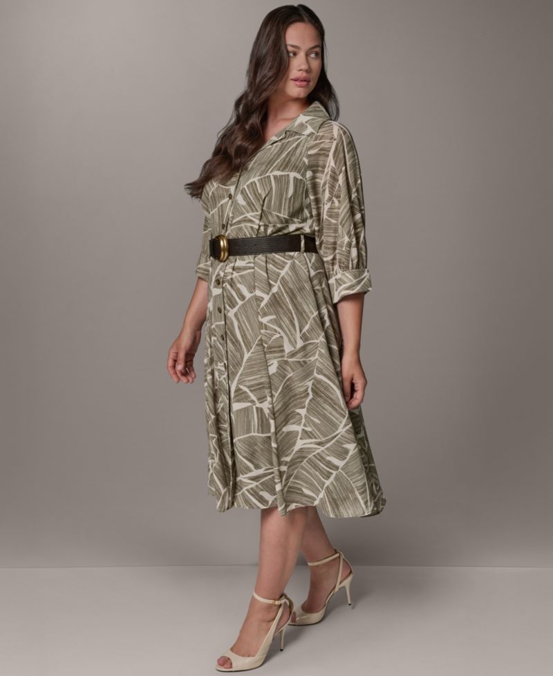 Plus Size Printed 3/4-Length-Sleeve Belted Midi Shirt Dress