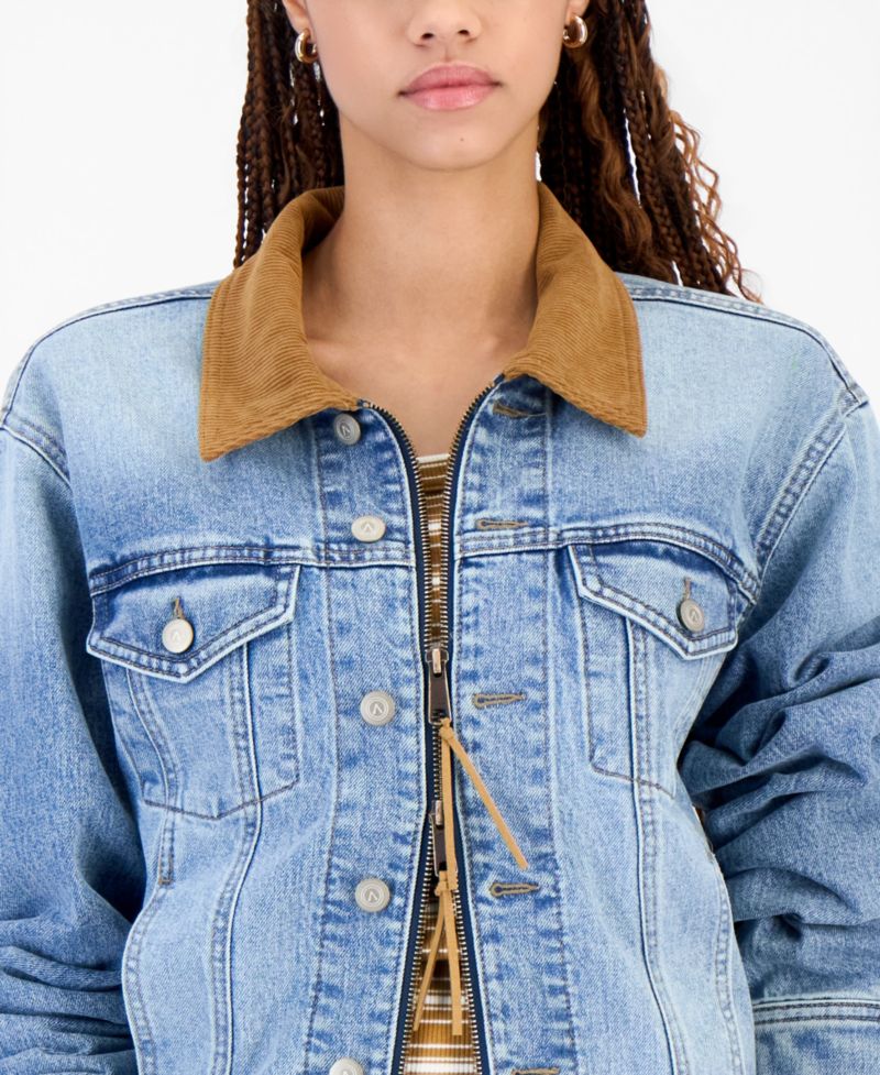 Women's Cord Trim Long-Sleeve Denim Jacket