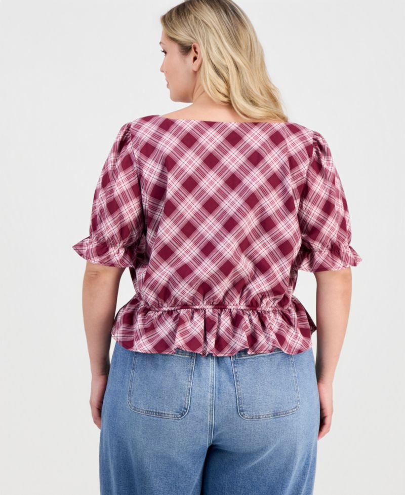 Trendy Plus Size V-Neck Button-Front Cotton Peplum Top