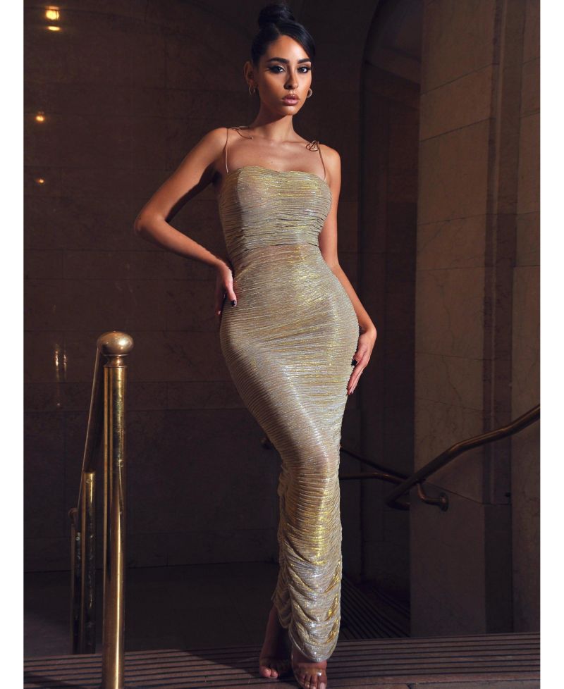 Women The Glint Gold Ruched Chiffon Long Maxi Dress