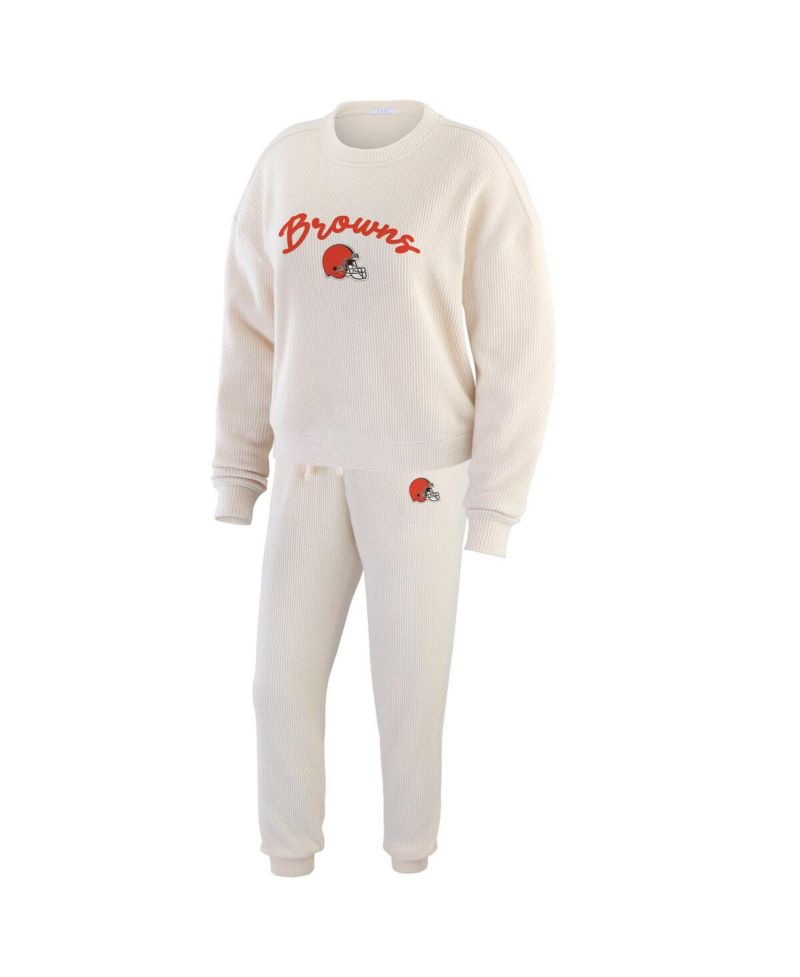 Women's Cream Cleveland Browns Knitted Tri-blend Long Sleeve T-shirt Pants Lounge Set