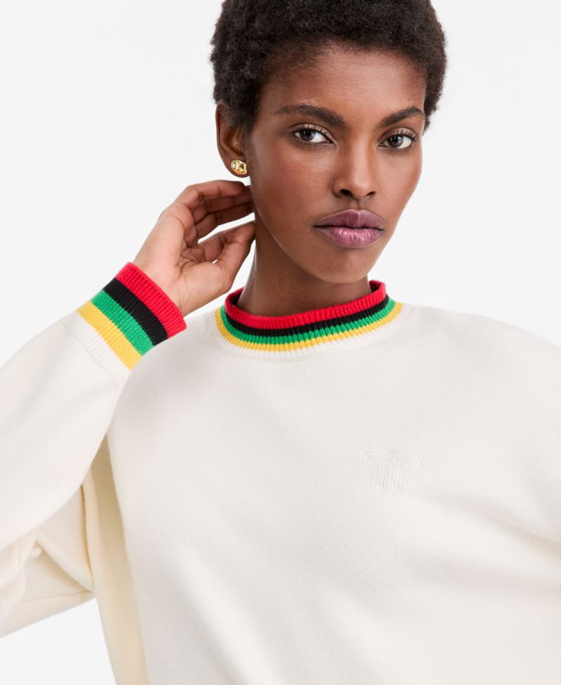 Women's Striped-Trim Crewneck Long-Sleeve Logo Sweater