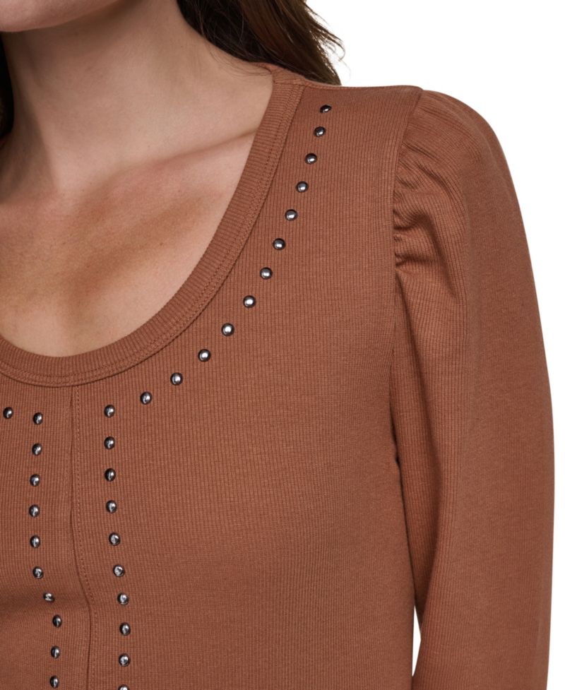Women's Scoop Neck Long-Puff Sleeve Rhinestud Cotton-Blend Top
