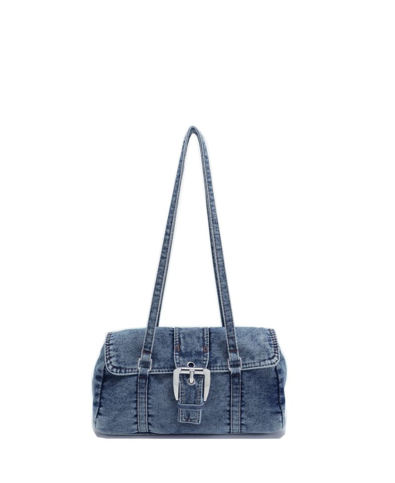 Denva Denim Baguette Shoulder Bag for Women East West Handbag Buckle Detail Casual Chic Everyday Purse
