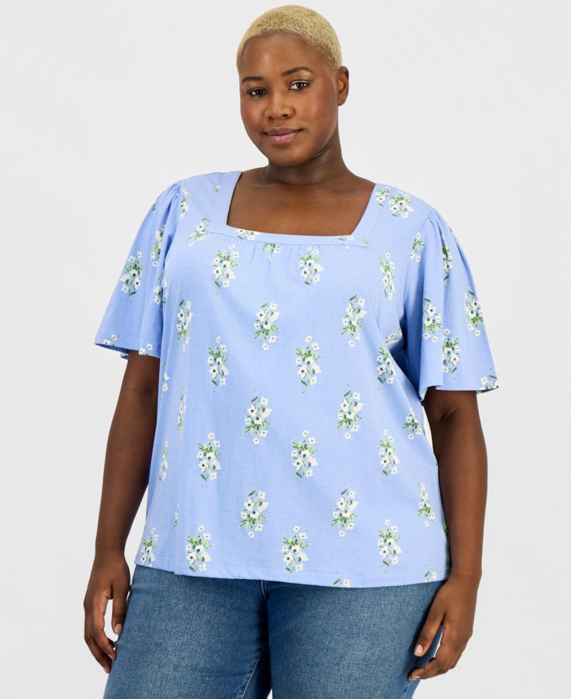 Plus Size Short Flutter-Sleeve Square-Neck Knit Top