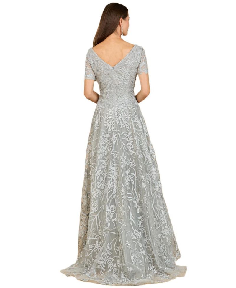 Women's Short Sleeve Lace A-Line Dress with V-Neckline